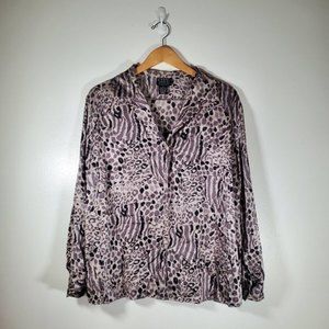 𝅺CITY Silk Women Long Sleeve Collared Mixed Print Button Front Blouse Size 2X